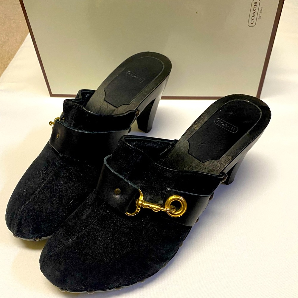 Coach Felicia Gold Buckle Black Sued Clog Sandals